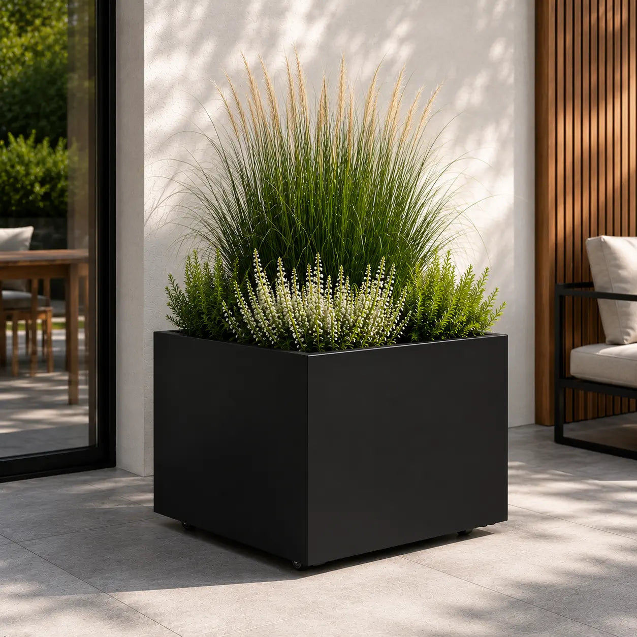 stalen plantenbak op wielen 100x100x60